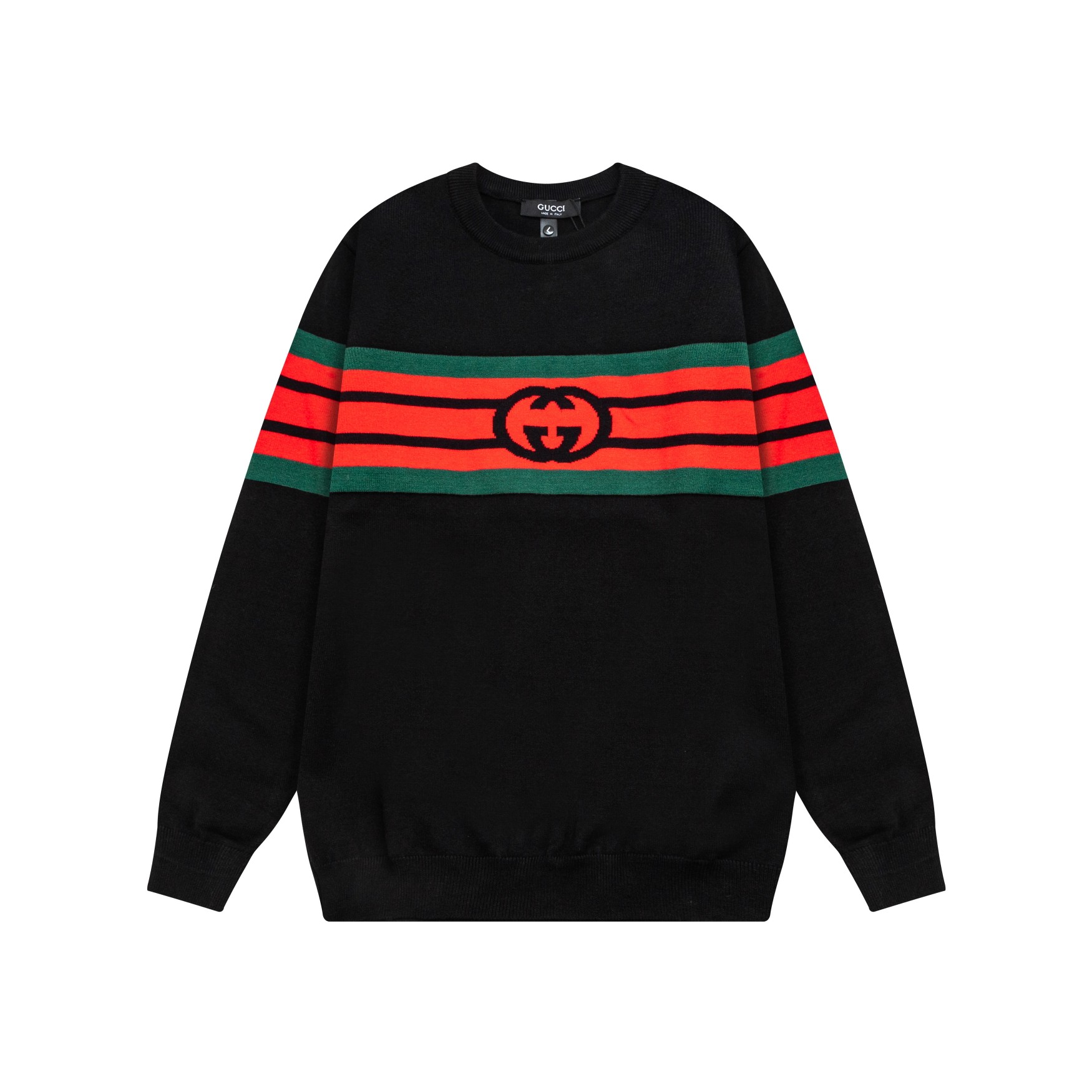 GG Classic Red & Green Webbing Knit Paneled Crew Neck Sweater XX25102818