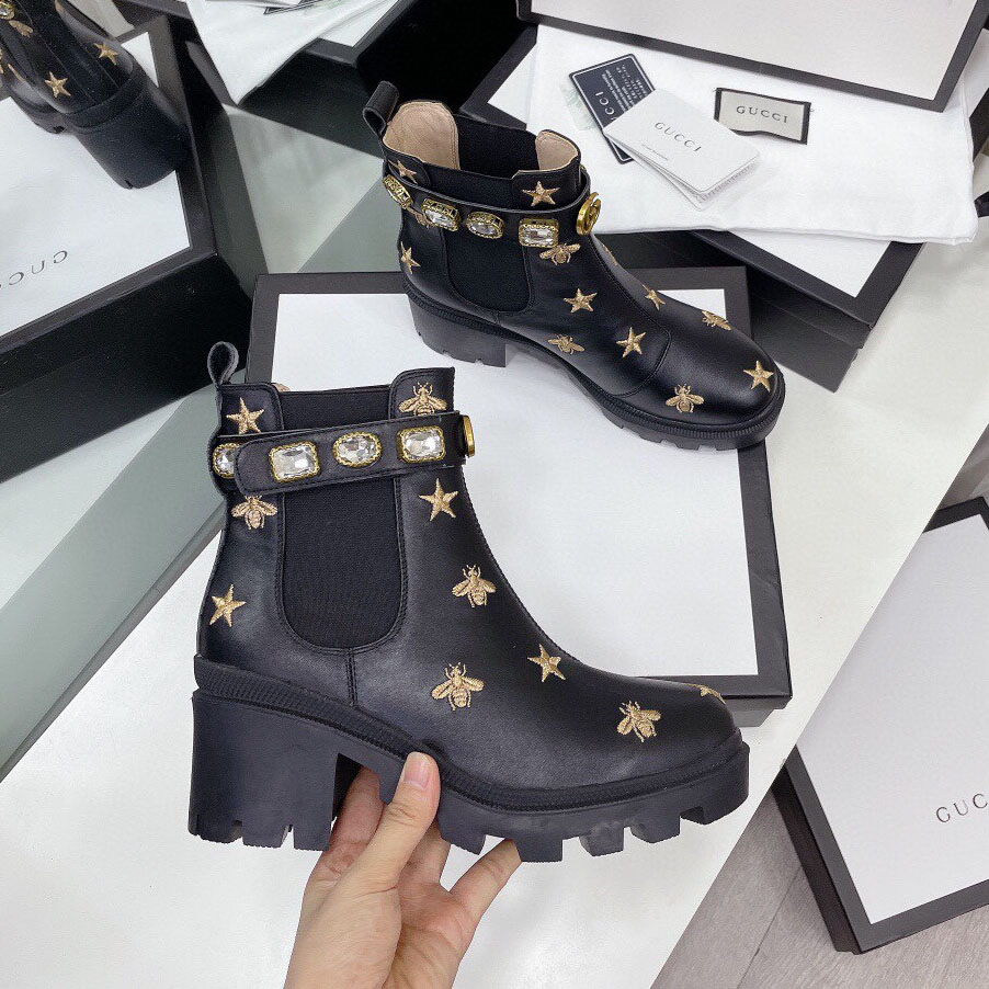 GG Bee&Star Embroidered Leather Fashion Ankle Boots AM25110328