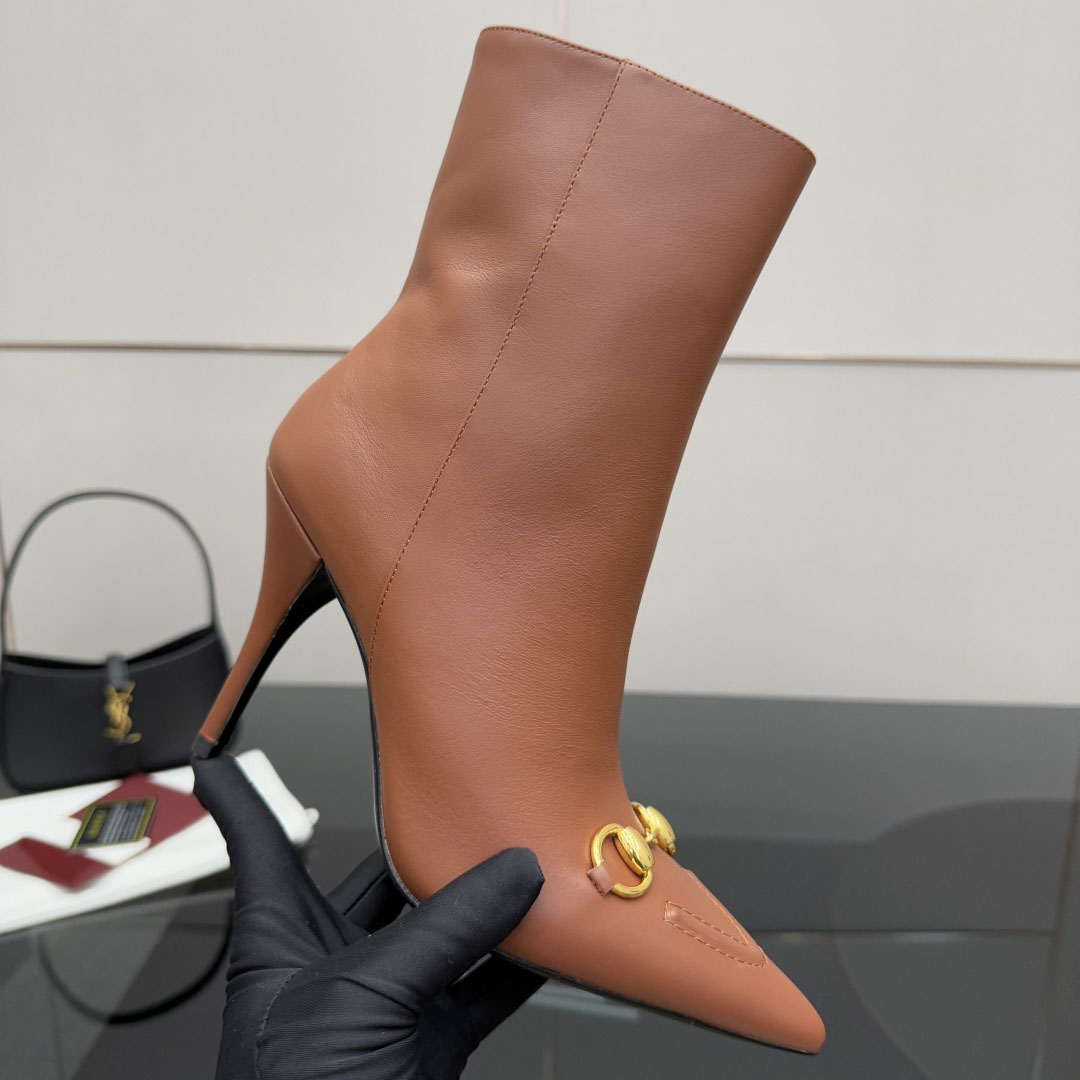 GG Pointed Toe Horsebit Calfskin High Heel Ankle Boots AM25110314