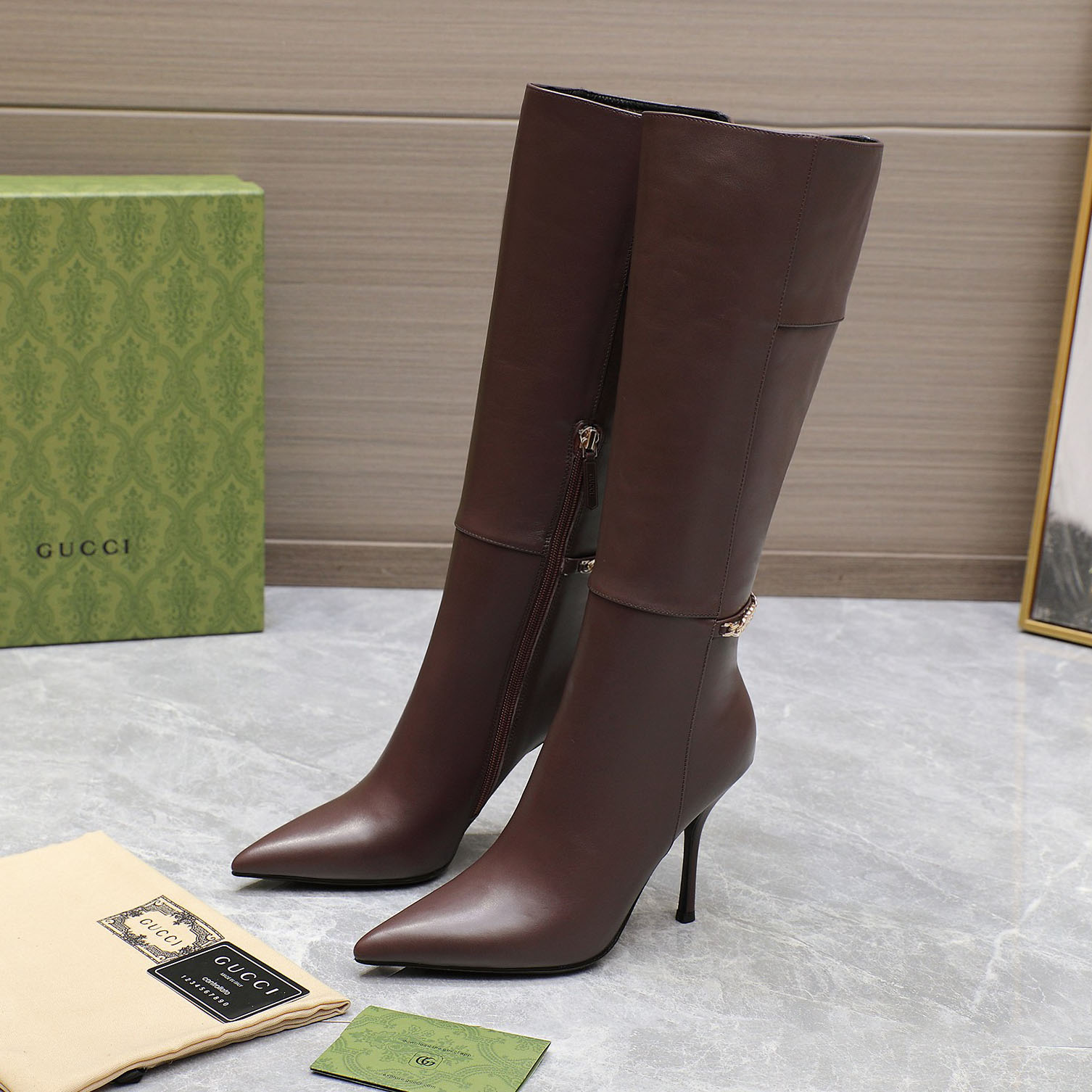 GG Letter Logo Chain Pointed Toe Knee - High Boots AM25110319