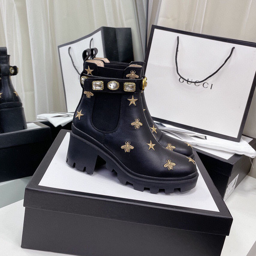 GG Bee&Star Embroidered Leather Fashion Ankle Boots AM25110328
