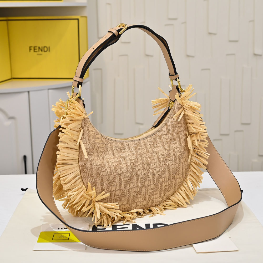 FD Raffia Woven Fringed Graphy Half-Moon Bag XX25110501