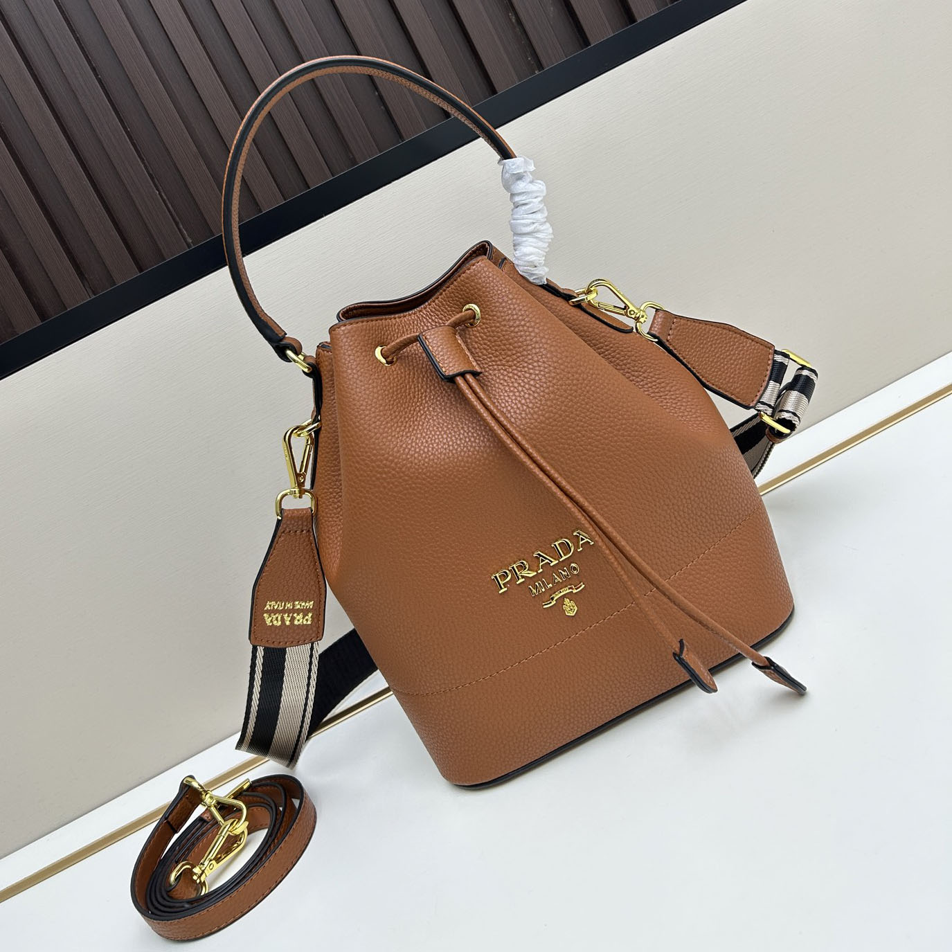 PRA Calfskin Grained Leather Bucket Bag AM25110657