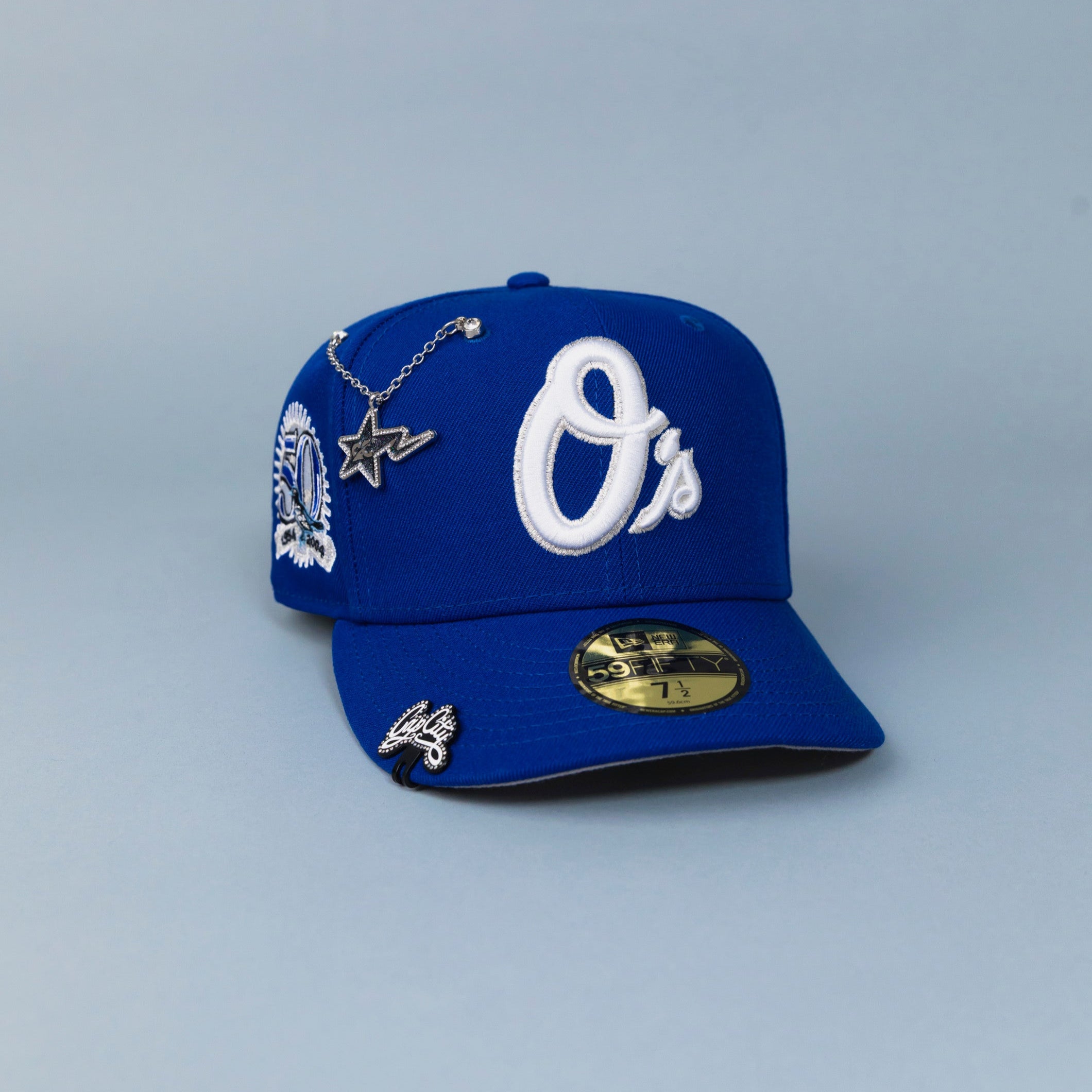NEW ERA EXCLUSIVE 59FIFTY BLUE BALTIMORE ORIOLES W/ 50TH ANNIVERSARY PATCH