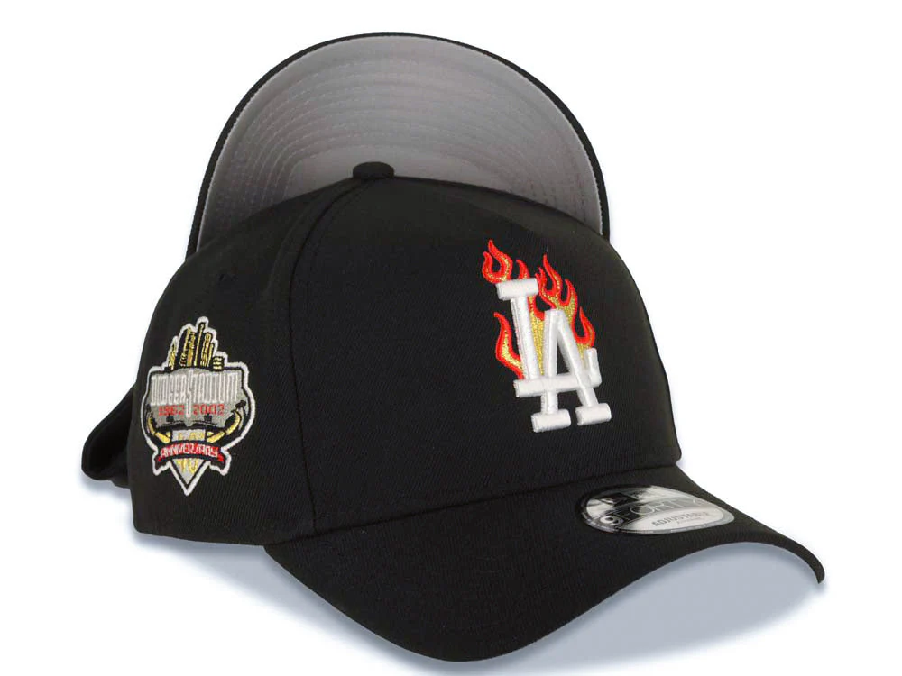 NEW ERA LOS ANGELES DODGERS MLB 9FORTY 940 ADJUSTABLE A-FRAME CAP HAT BLACK CROWN/VISOR WHITE/METALLIC GOLD/RED FIRE/FLAME LOGO 40TH ANNIVERSARY SIDE PATCH GRAY UV