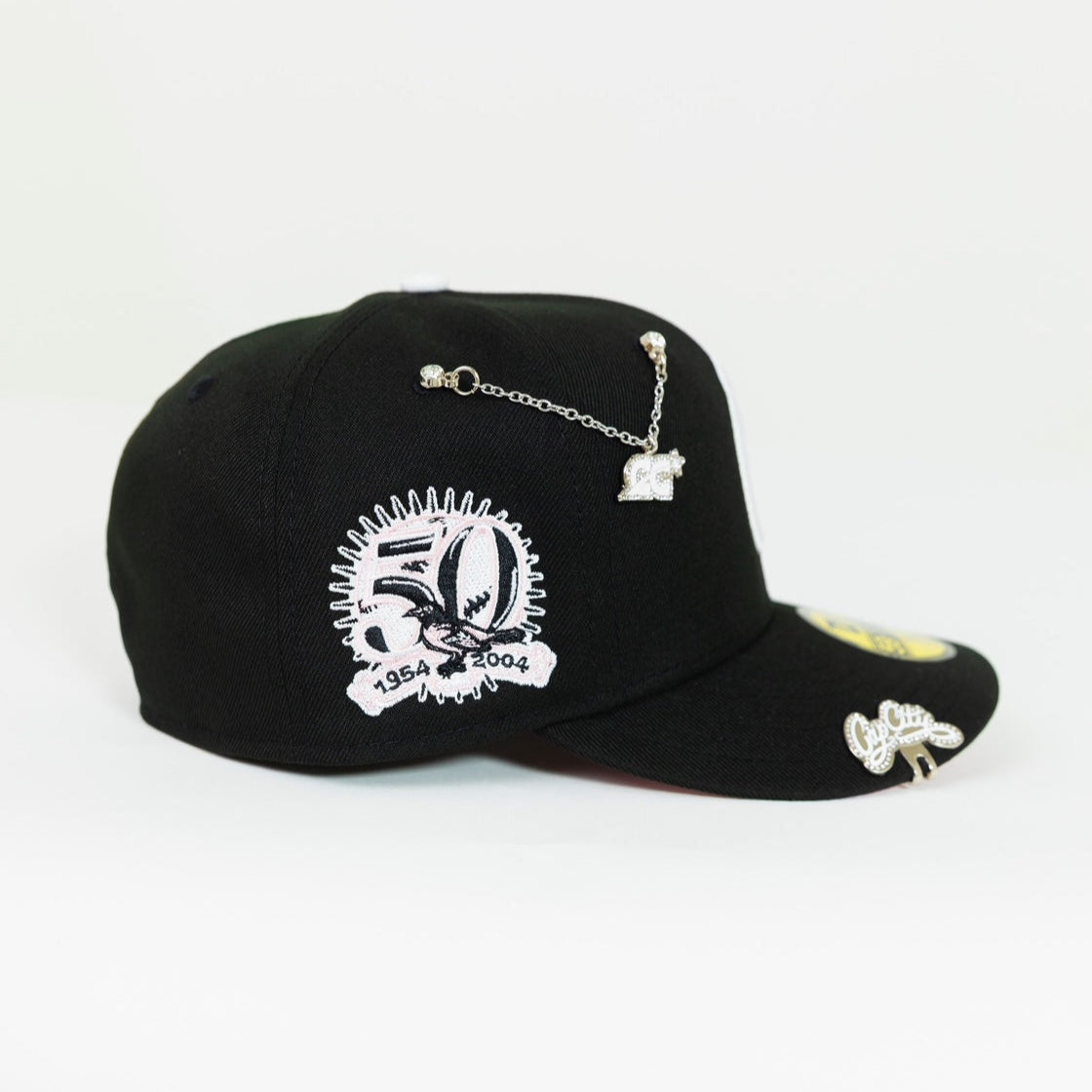 NEW ERA EXCLUSIVE 59FIFTY BLACK BALTIMORE ORIOLES W/ 50TH ANNIVERSARY SIDE PATCH