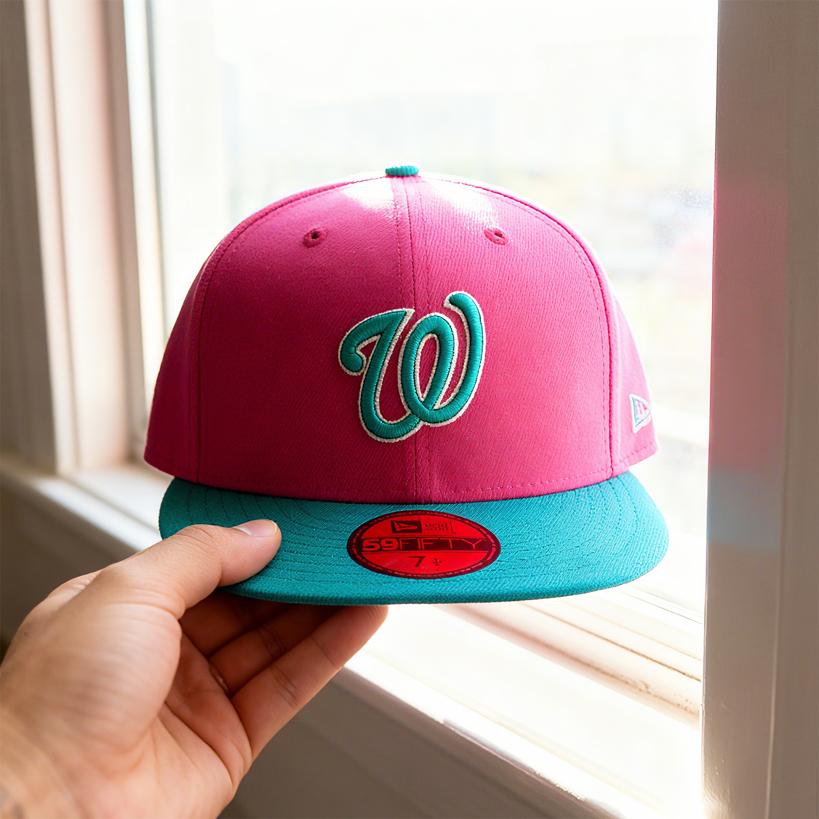 NEW ERA WASHINGTON NATIONALS MEN'S NEW ERA PINK/GREEN COOPERSTOWN SERIES 2005 INAUGURAL SEASON PASSION FOREST 59FIFTY FIT CAP
