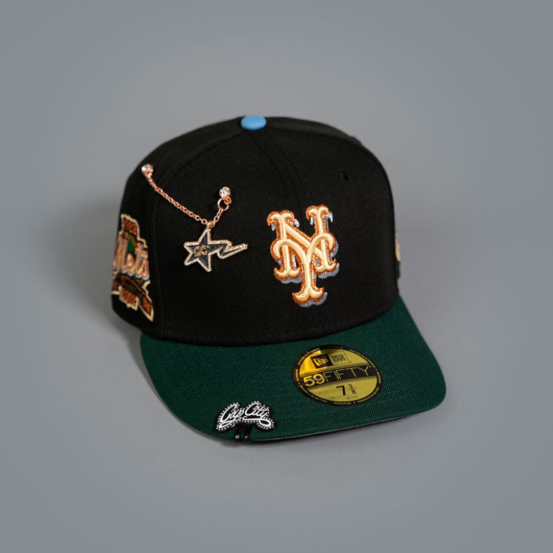 NEW ERA EXCLUSIVE 59FIFTY BLACK/ FOREST GREEN NEW YORK METS W/ 40TH ANNIVERSARY SIDE PATCH
