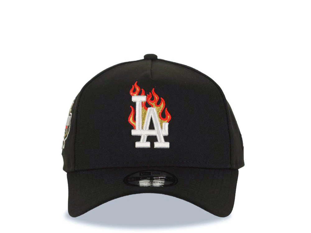 NEW ERA LOS ANGELES DODGERS MLB 9FORTY 940 ADJUSTABLE A-FRAME CAP HAT BLACK CROWN/VISOR WHITE/METALLIC GOLD/RED FIRE/FLAME LOGO 40TH ANNIVERSARY SIDE PATCH GRAY UV