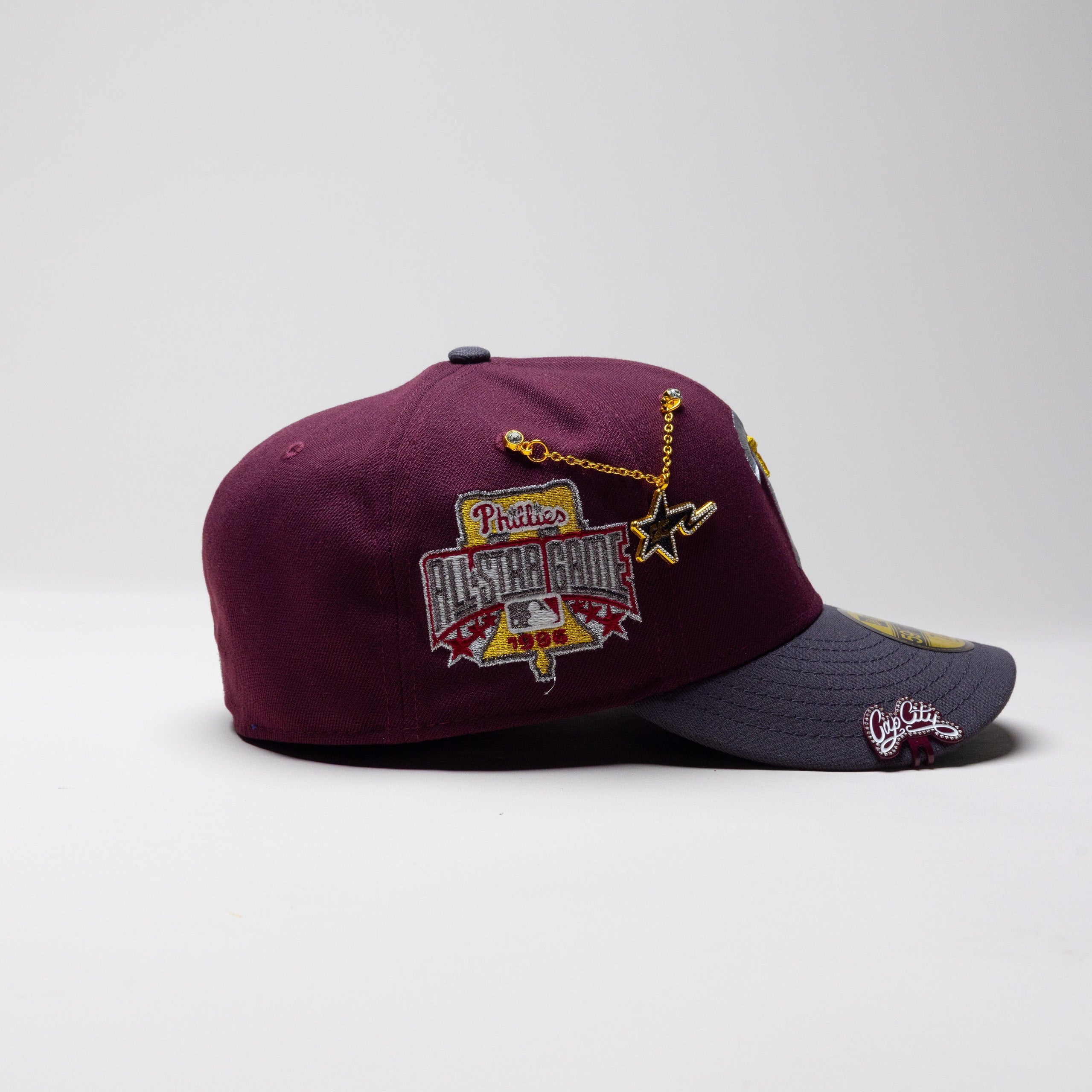 NEW ERA EXCLUSIVE 59FIFTY MAROON RED/ DARK GREY PHILADELPHIA PHILLIES W/ 1996 ALL STAR GAME PATCH