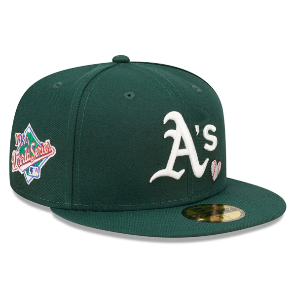 NEW ERA OAKLAND ATHLETICS 1989 WORLD SERIES EXCLUSIVE TEAM HEARTS FITTED 59FIFTY MLB HAT - GREEN