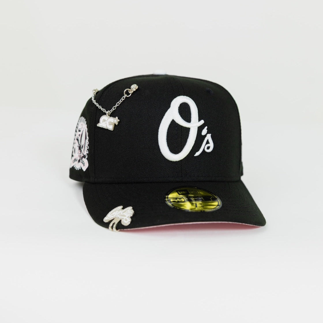NEW ERA EXCLUSIVE 59FIFTY BLACK BALTIMORE ORIOLES W/ 50TH ANNIVERSARY SIDE PATCH