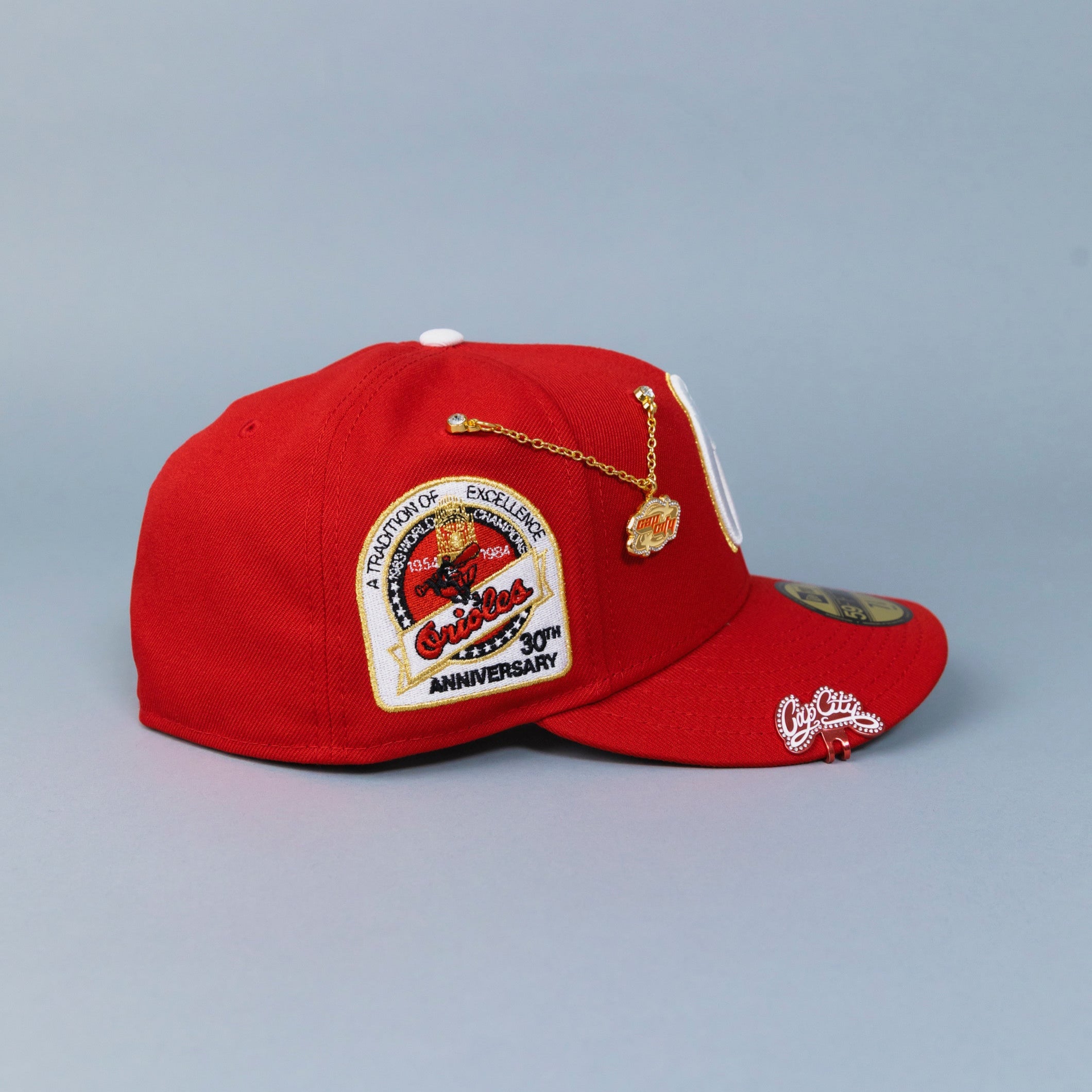 NEW ERA EXCLUSIVE 59FIFTY RED BALTIMORE ORIOLES W/ 30TH ANNIVERSARY SIDE PATCH