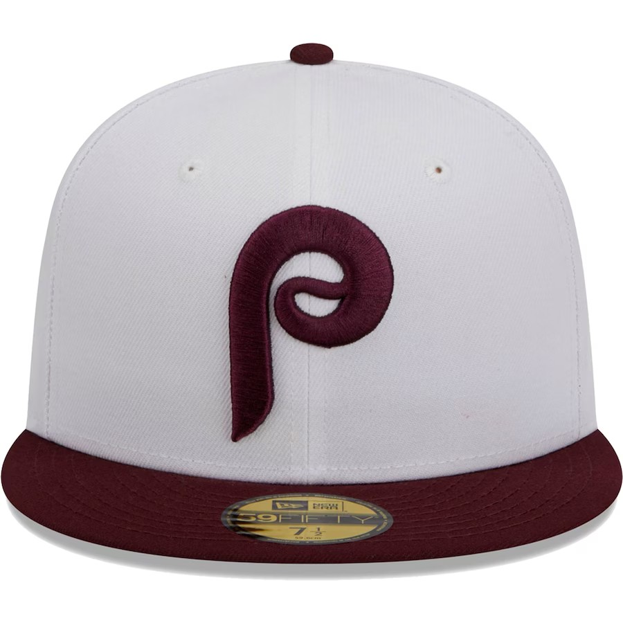 NEW ERA PHILADELPHIA PHILLIES OPTIC 59FIFTY SLIM CAP-WHITE/MAROON-COLLECTION SERIES-FLAT BRIM