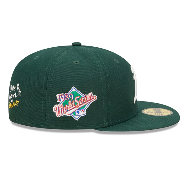 NEW ERA OAKLAND ATHLETICS 1989 WORLD SERIES EXCLUSIVE TEAM HEARTS FITTED 59FIFTY MLB HAT - GREEN