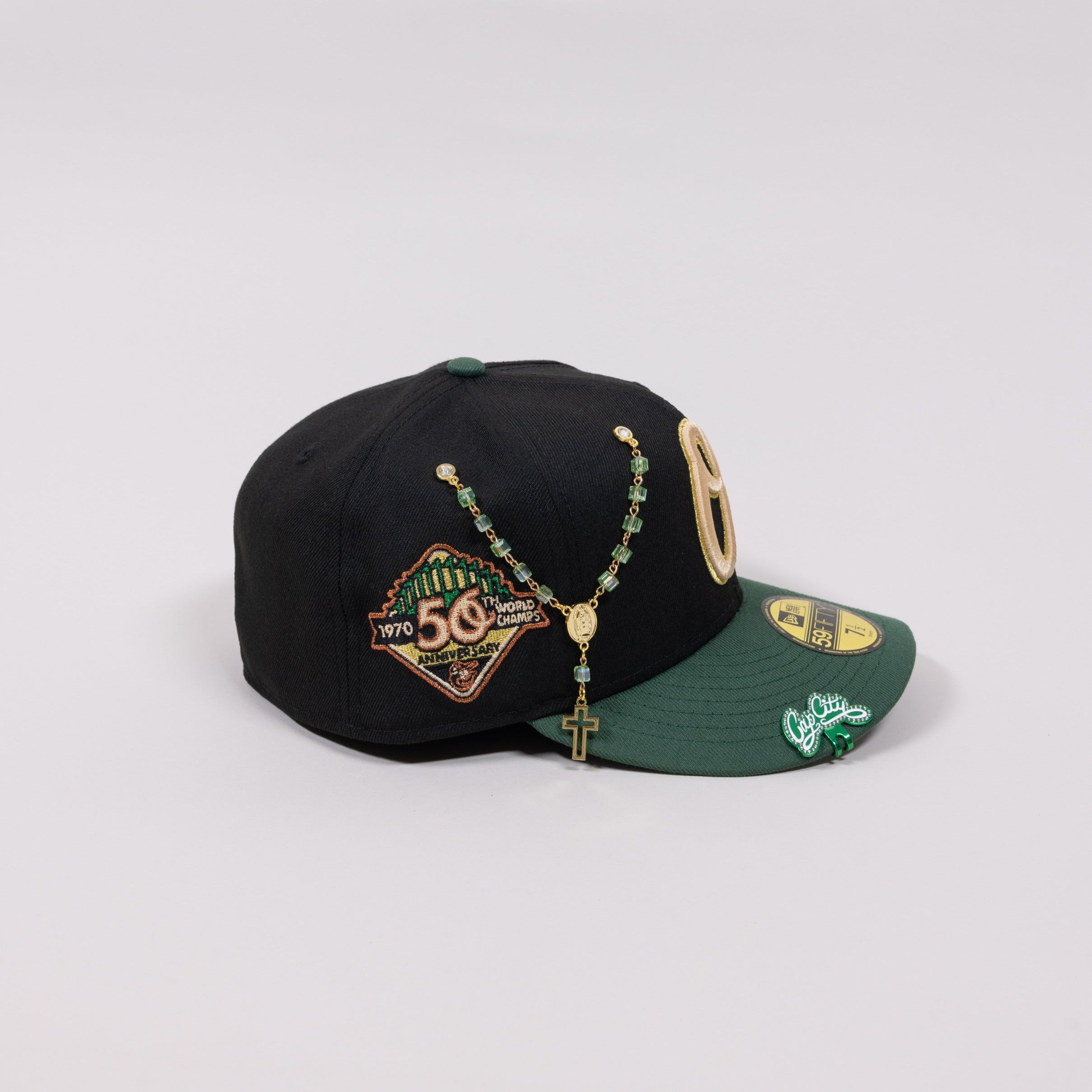 NEW ERA EXCLUSIVE 59FIFTY BLACK/ PINE GREEN BALTIMORE ORIOLES W/ 50TH ANNIVERSARY PATCH