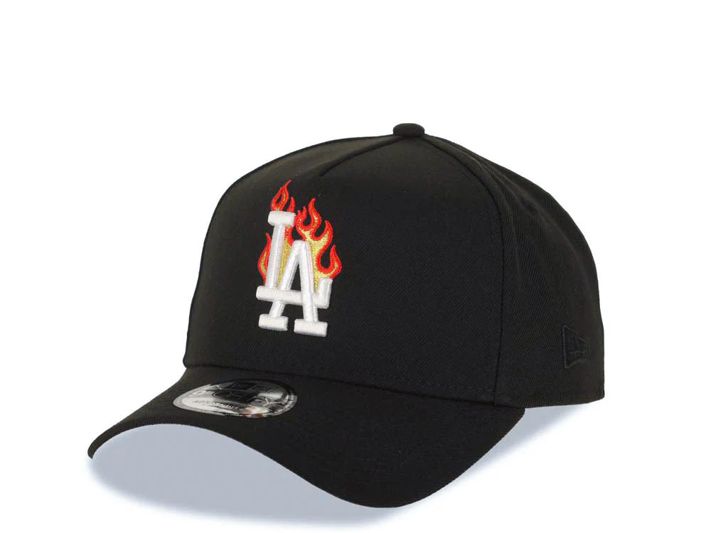 NEW ERA LOS ANGELES DODGERS MLB 9FORTY 940 ADJUSTABLE A-FRAME CAP HAT BLACK CROWN/VISOR WHITE/METALLIC GOLD/RED FIRE/FLAME LOGO 40TH ANNIVERSARY SIDE PATCH GRAY UV