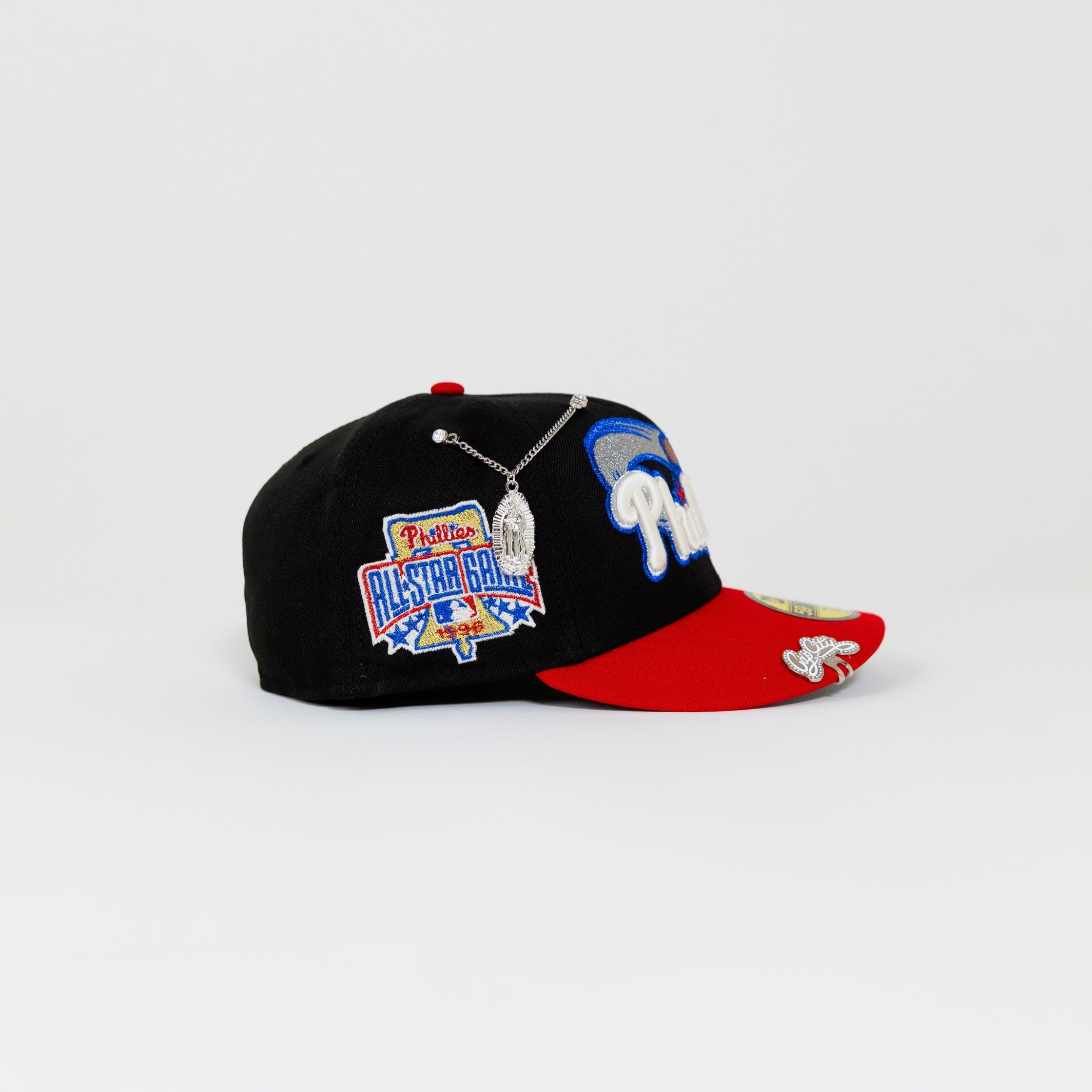 NEW ERA EXCLUSIVE 59FIFTY BLACK/ RED PHILADELPHIA PHILLIES SCRIPT W/ 1996 ALL STAR GAME PATCH
