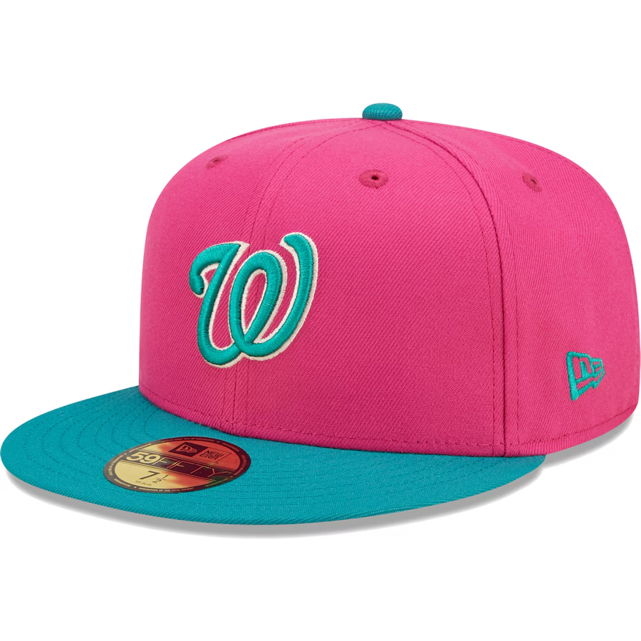 NEW ERA WASHINGTON NATIONALS MEN'S NEW ERA PINK/GREEN COOPERSTOWN SERIES 2005 INAUGURAL SEASON PASSION FOREST 59FIFTY FIT CAP