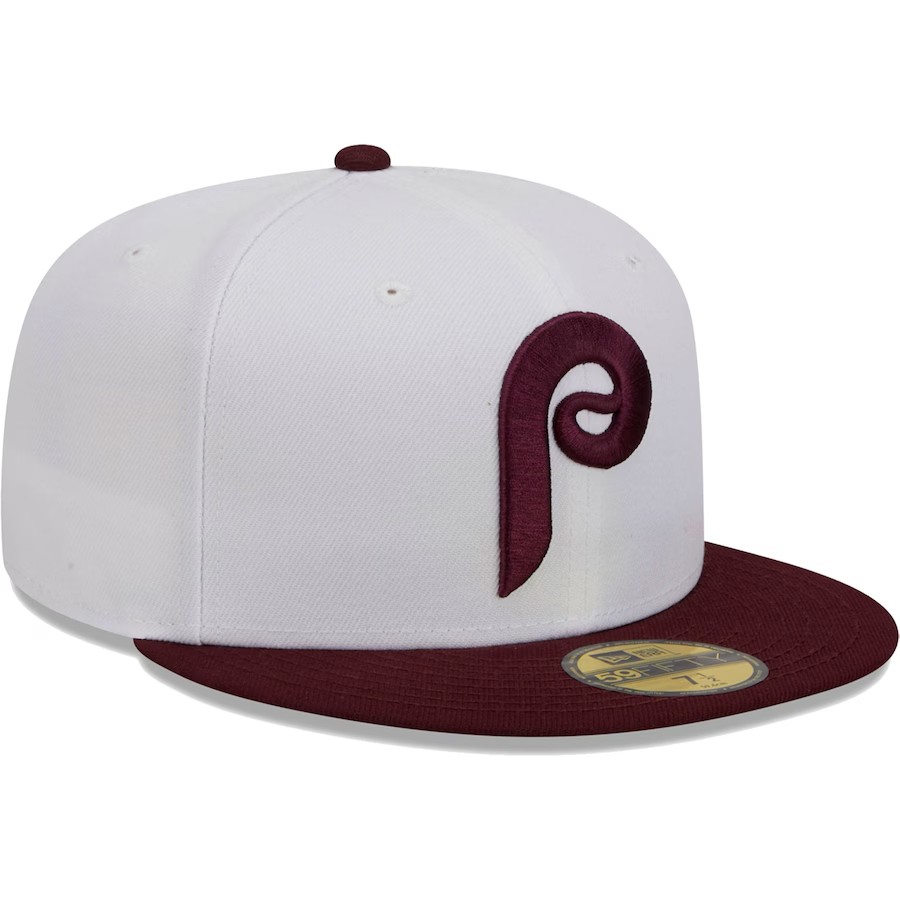 NEW ERA PHILADELPHIA PHILLIES OPTIC 59FIFTY SLIM CAP-WHITE/MAROON-COLLECTION SERIES-FLAT BRIM