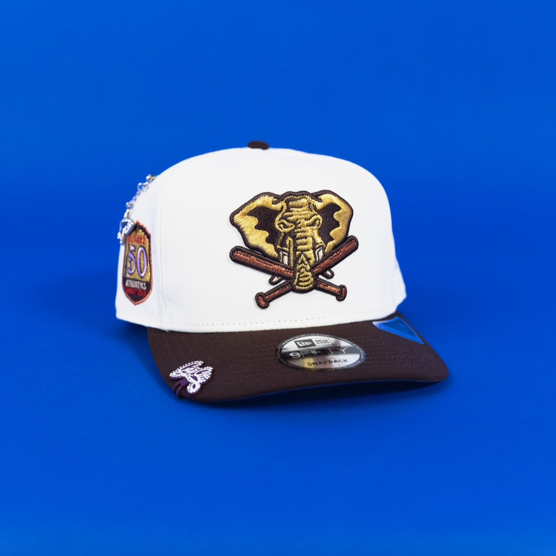 NEW ERA EXCLUSIVE 9FIFTY A-FRAME CHROME/ BROWN OAKLAND A'S W/ 50TH ANNIVERSARY SIDE PATCH