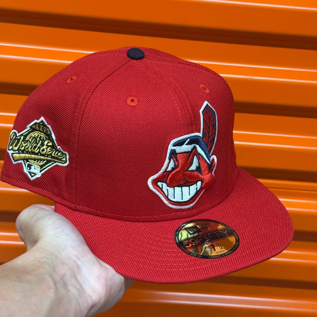 NEW ERA WOOL RED NAVY CHIEF WAHOO BANNED CLEVELAND INDIANS GUARDIANS 1995 WORLD SERIES 59 FITTED HAT CAP RARE GREY UV