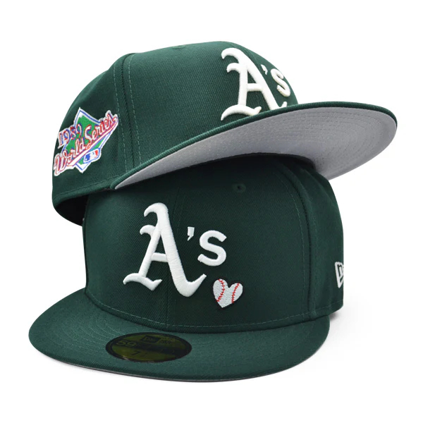 NEW ERA OAKLAND ATHLETICS 1989 WORLD SERIES EXCLUSIVE TEAM HEARTS FITTED 59FIFTY MLB HAT - GREEN
