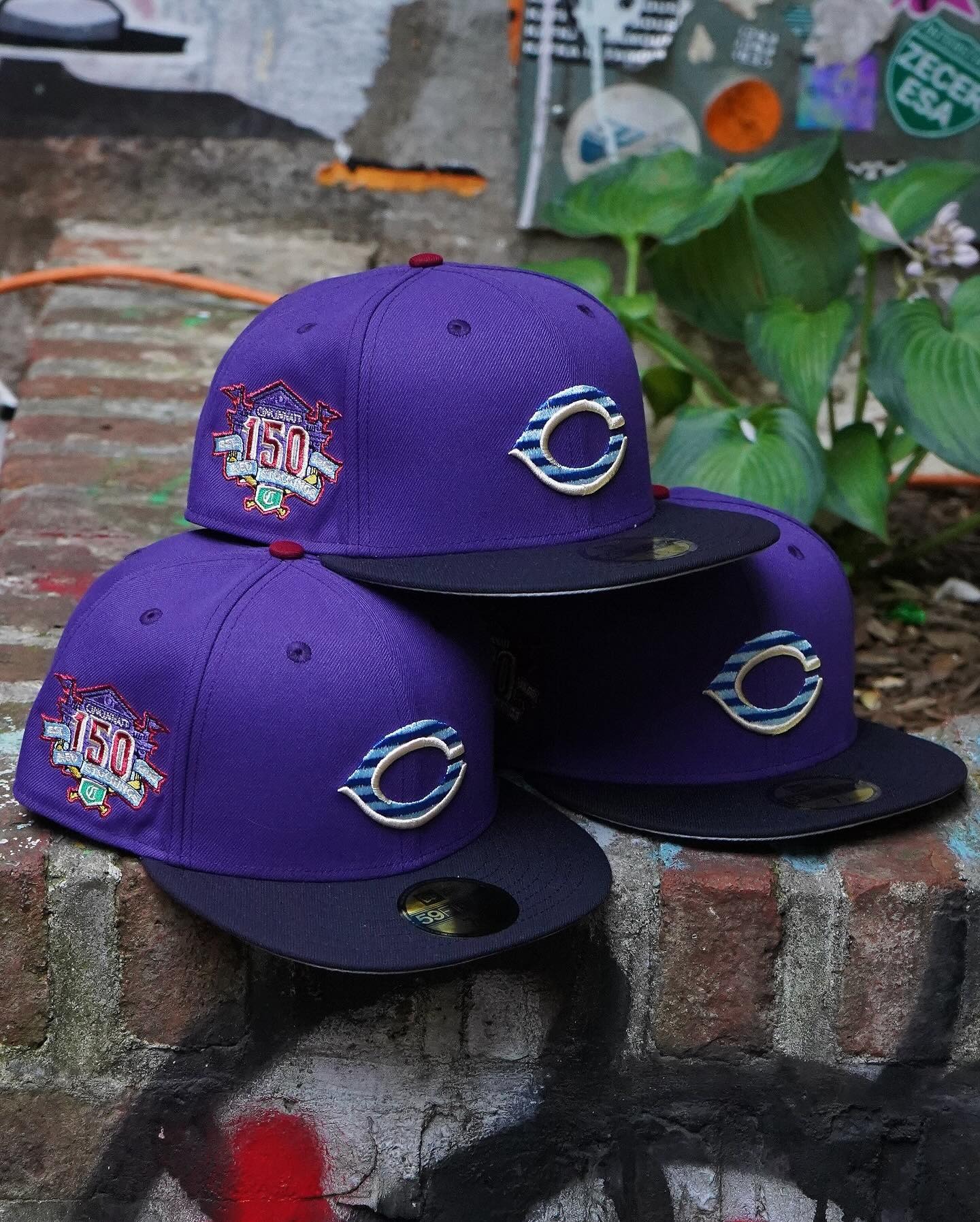 NEW ERA CINCINNATI REDS 59FIFTY 150TH ANNIV RED STOCKINGS PURPLE/NAVY