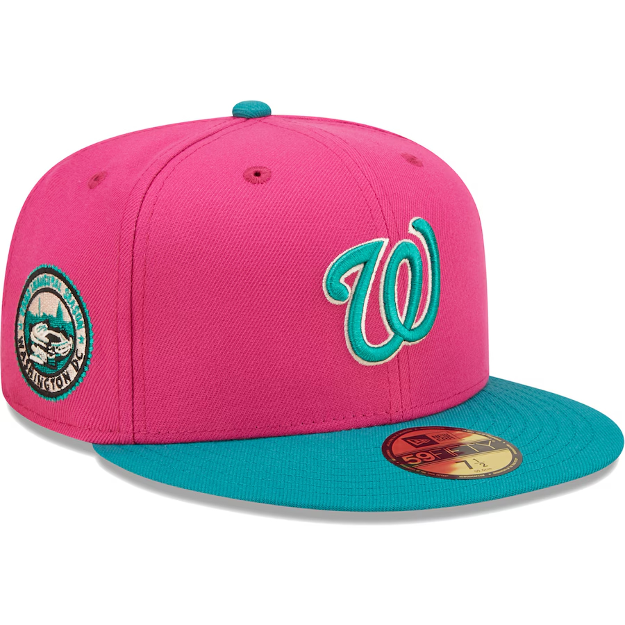 NEW ERA WASHINGTON NATIONALS MEN'S NEW ERA PINK/GREEN COOPERSTOWN SERIES 2005 INAUGURAL SEASON PASSION FOREST 59FIFTY FIT CAP