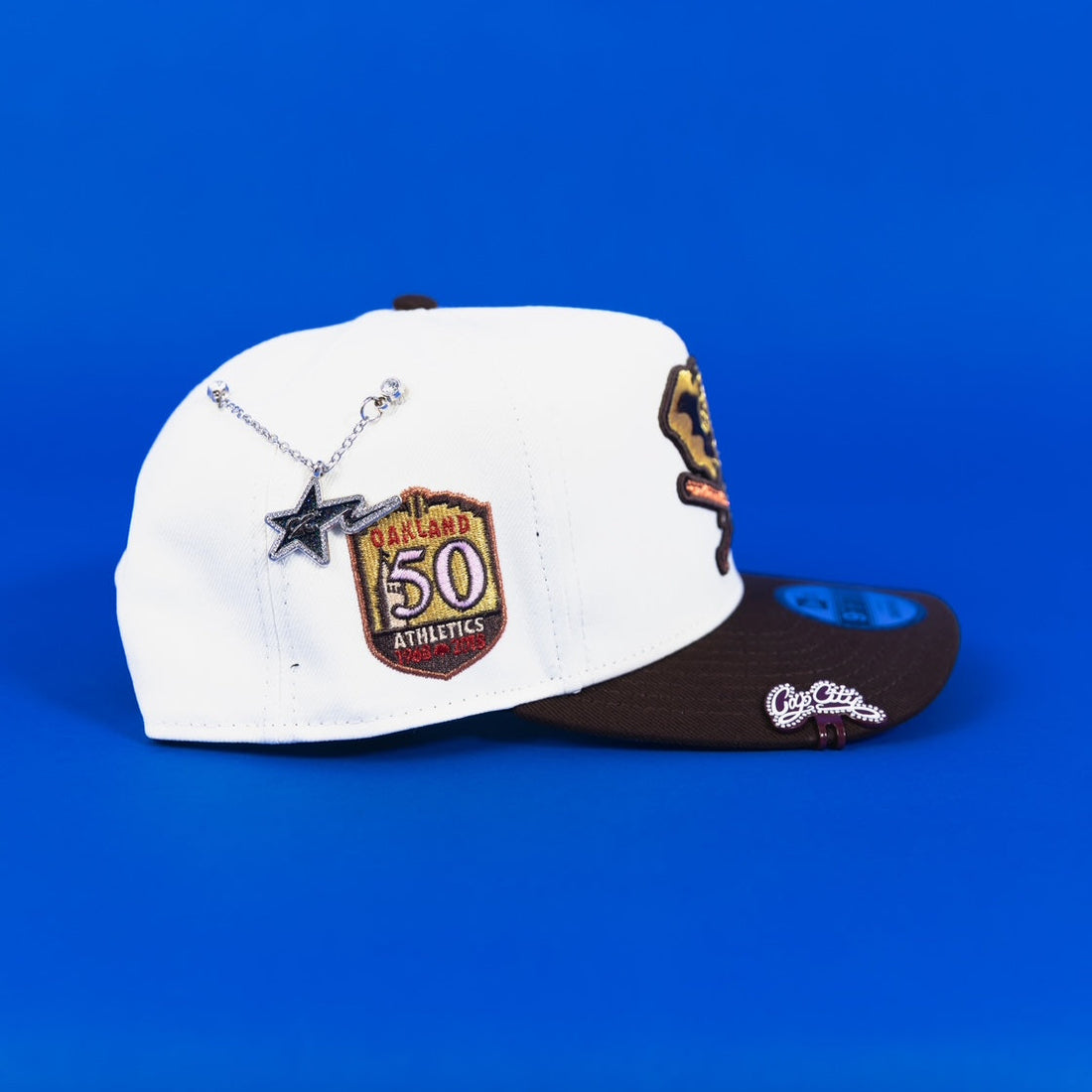 NEW ERA EXCLUSIVE 9FIFTY A-FRAME CHROME/ BROWN OAKLAND A'S W/ 50TH ANNIVERSARY SIDE PATCH