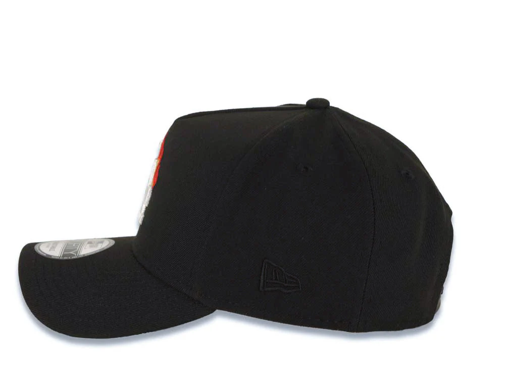 NEW ERA LOS ANGELES DODGERS MLB 9FORTY 940 ADJUSTABLE A-FRAME CAP HAT BLACK CROWN/VISOR WHITE/METALLIC GOLD/RED FIRE/FLAME LOGO 40TH ANNIVERSARY SIDE PATCH GRAY UV