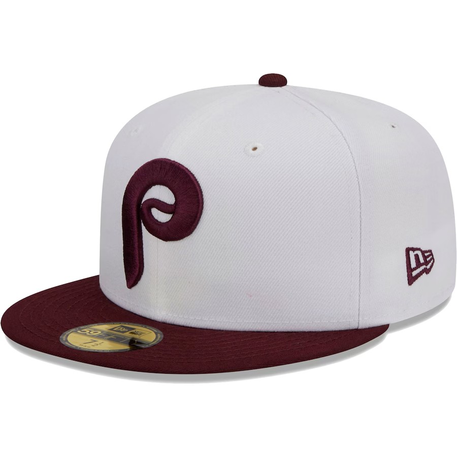 NEW ERA PHILADELPHIA PHILLIES OPTIC 59FIFTY SLIM CAP-WHITE/MAROON-COLLECTION SERIES-FLAT BRIM