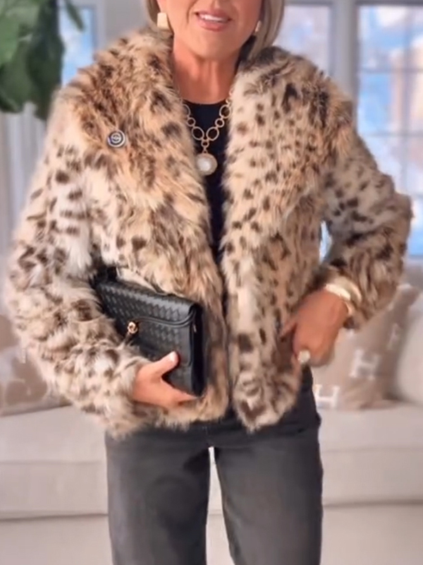 Women Laple Collar Leopard Print Casual Plush Coat