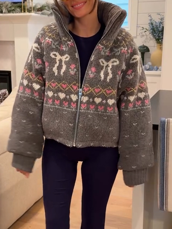 Women Standing Collar Printed Knitted Casual Coat