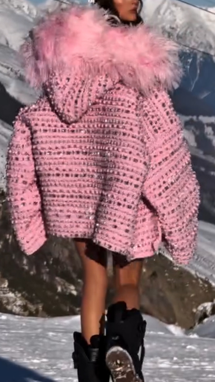 Women Hooded Fur Collar Nail Bead Hot Stamping Temperament Casual Coat