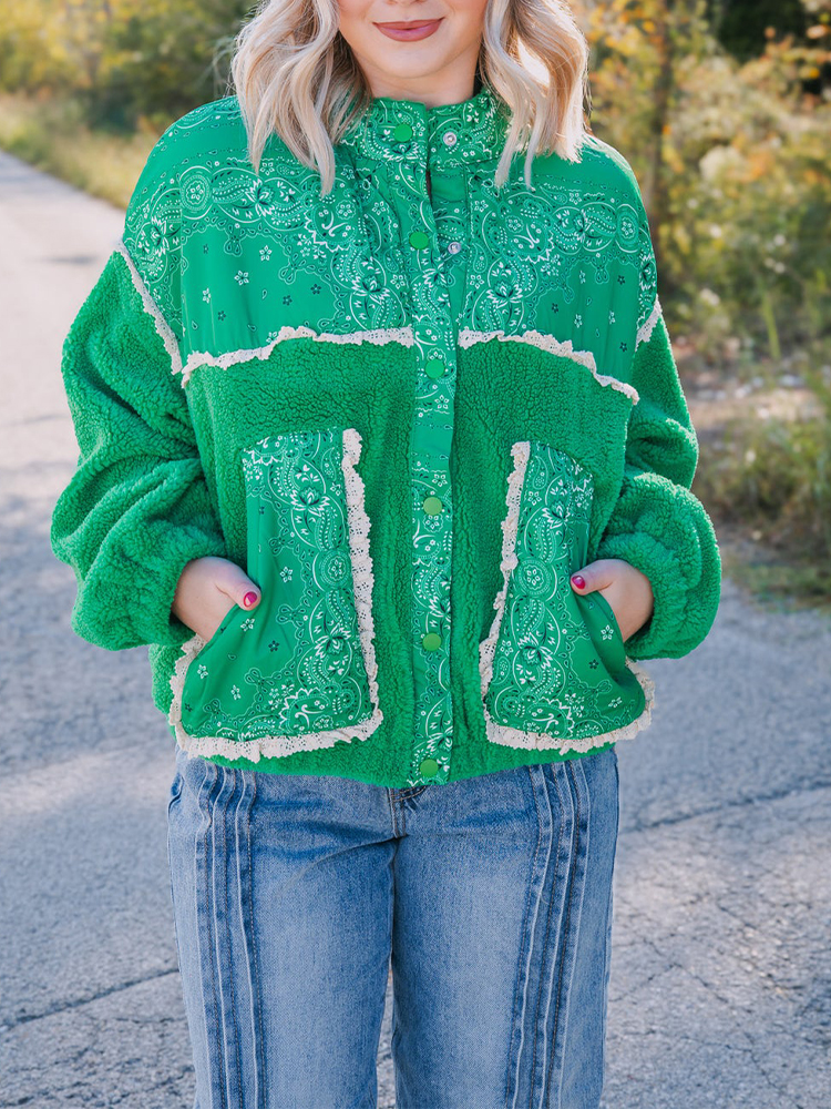 Women Round Neck Printed Patchwork Plush Casual Coat