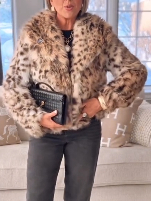 Women Laple Collar Leopard Print Casual Plush Coat