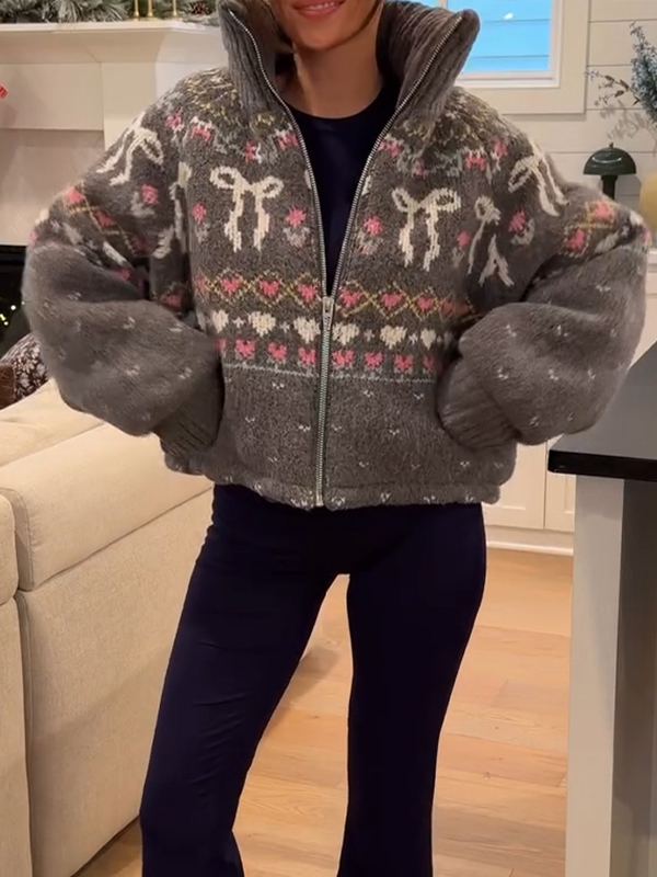 Women Standing Collar Printed Knitted Casual Coat