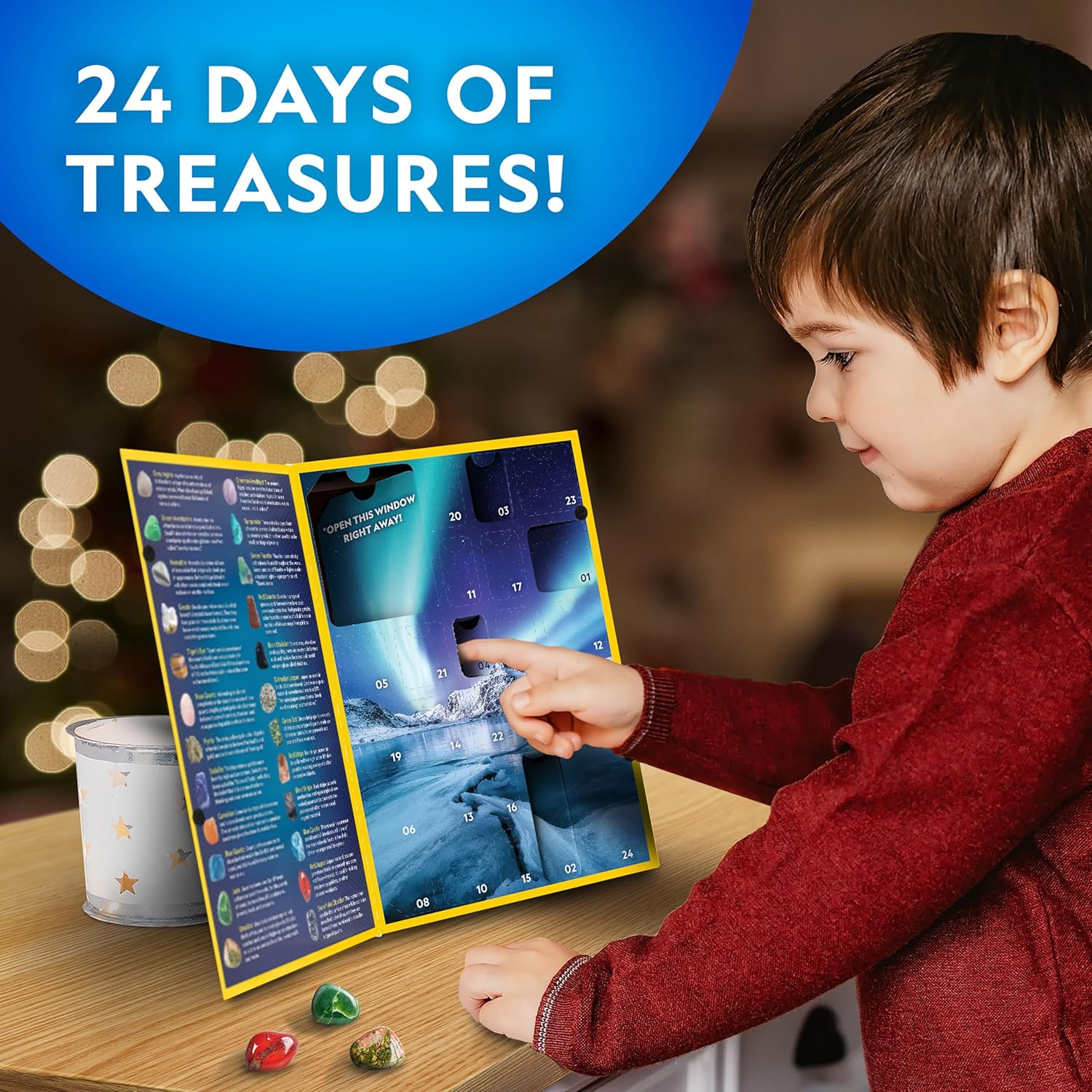 NATIONAL GEOGRAPHIC Gemstone Advent Calendar - 2024 Advent Calendar for Kids with 24 Gemstones to Open Each Day, a Complete Rock Collection Christmas Countdown Calendar with Mini Gemstone Dig Kit