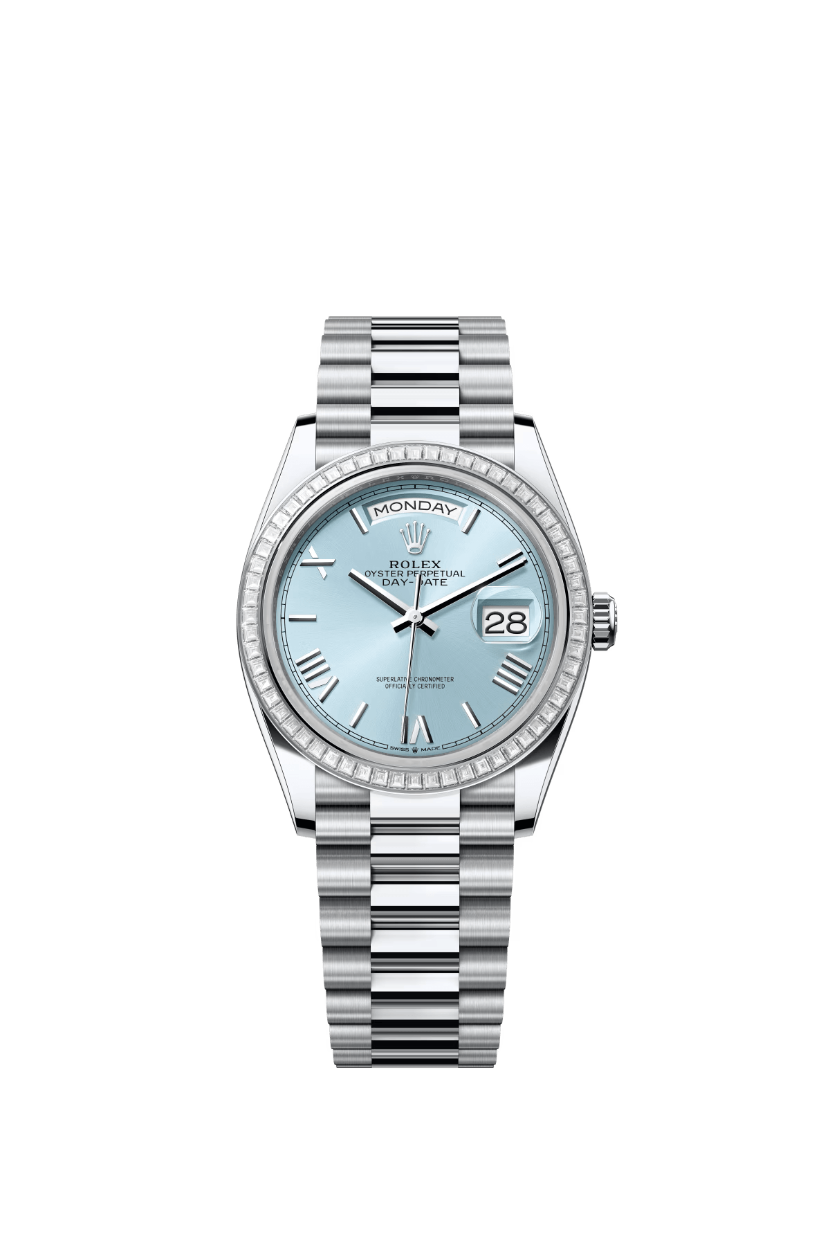 The Oyster Perpetual Day-Date 36 in platinum with an ice-blue dial, diamond-set bezel and President bracelet. -m128396tbr-0019