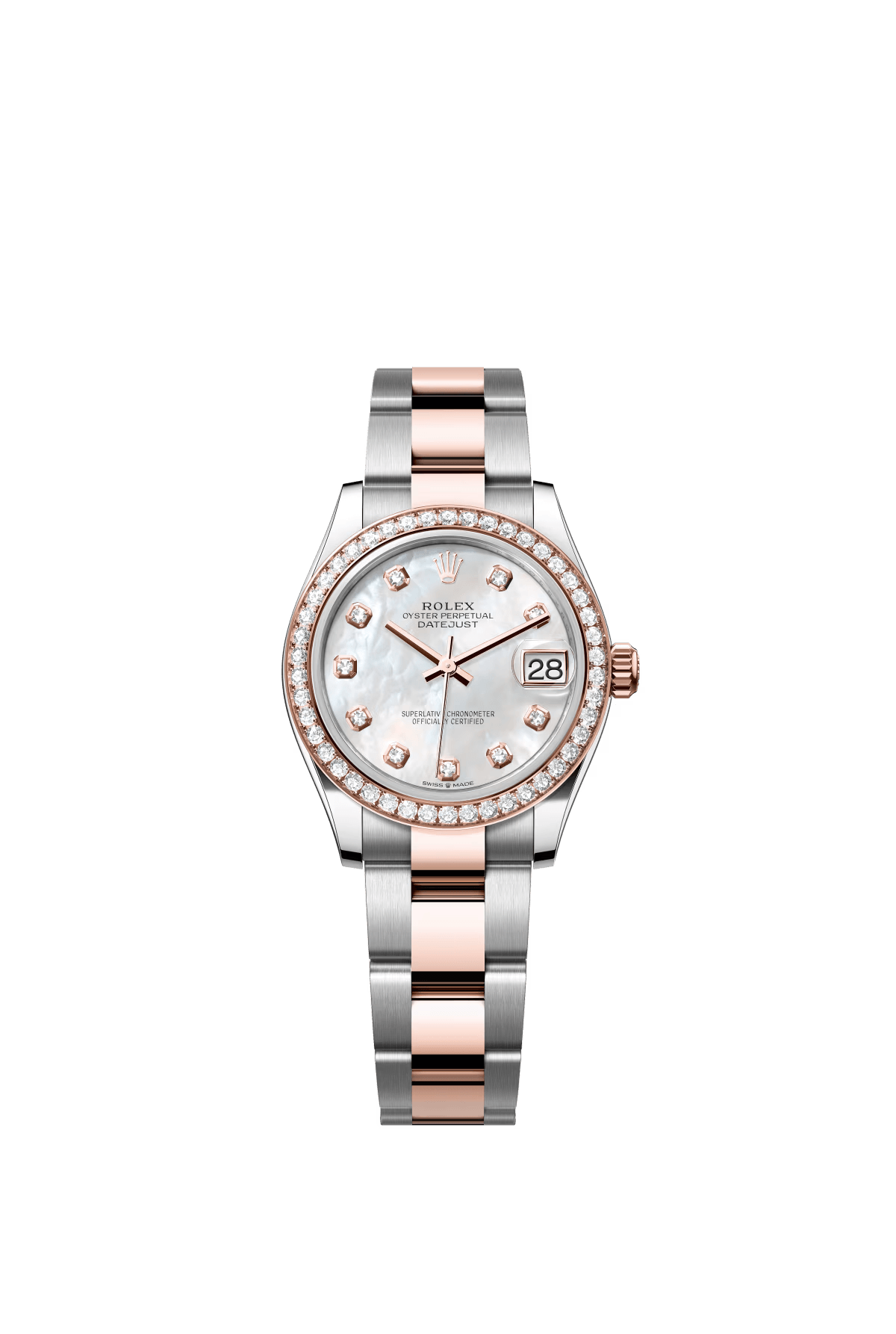 The Oyster Perpetual Datejust 31 is available in Everose gold and Oystersteel, with a diamond-set white mother-of-pearl dial and an Oyster bracelet. -m278381rbr-0025