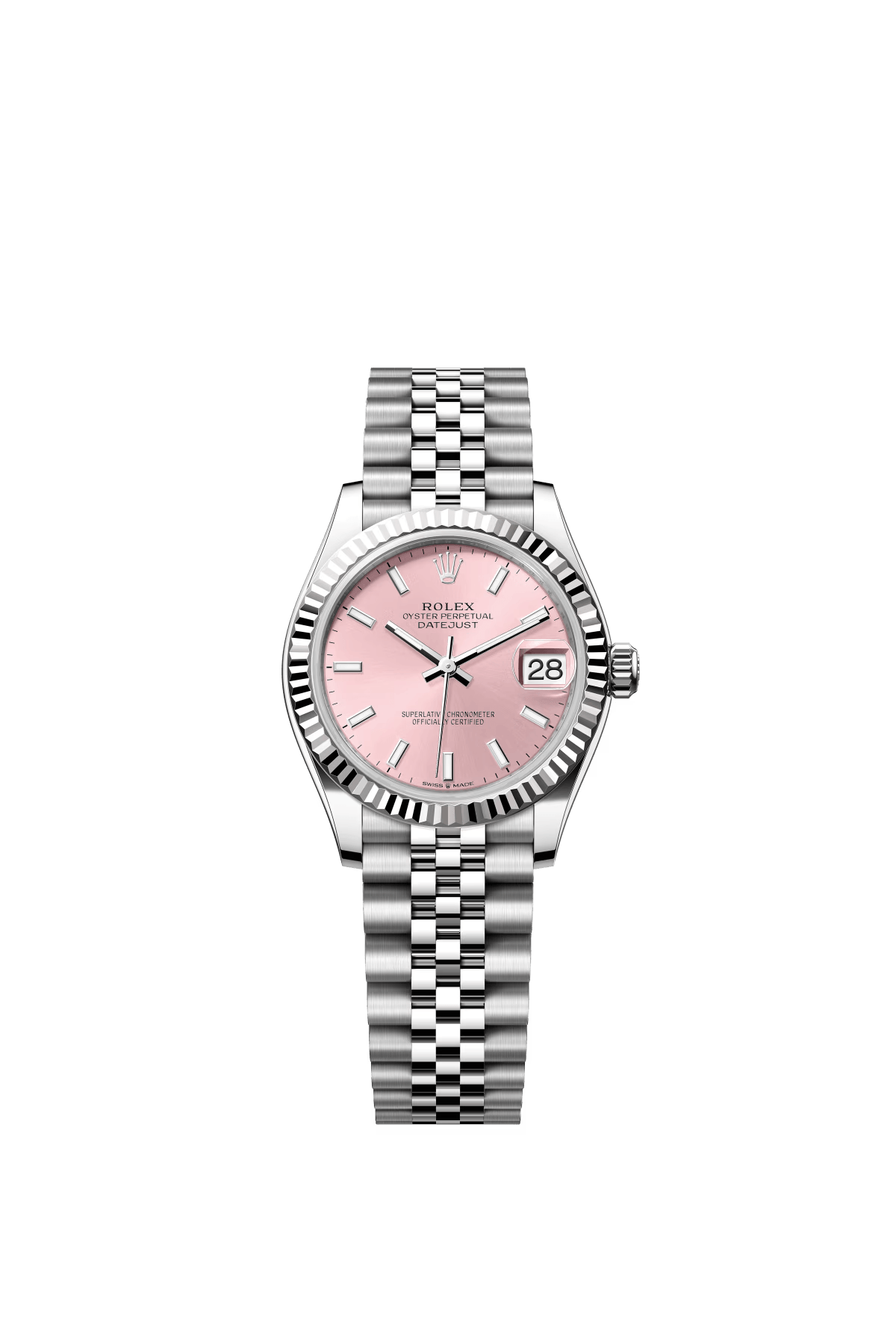 The Oyster Perpetual Datejust 31 is available in white gold and Oystersteel with a pink dial and a Jubilee bracelet. -m278274-0014