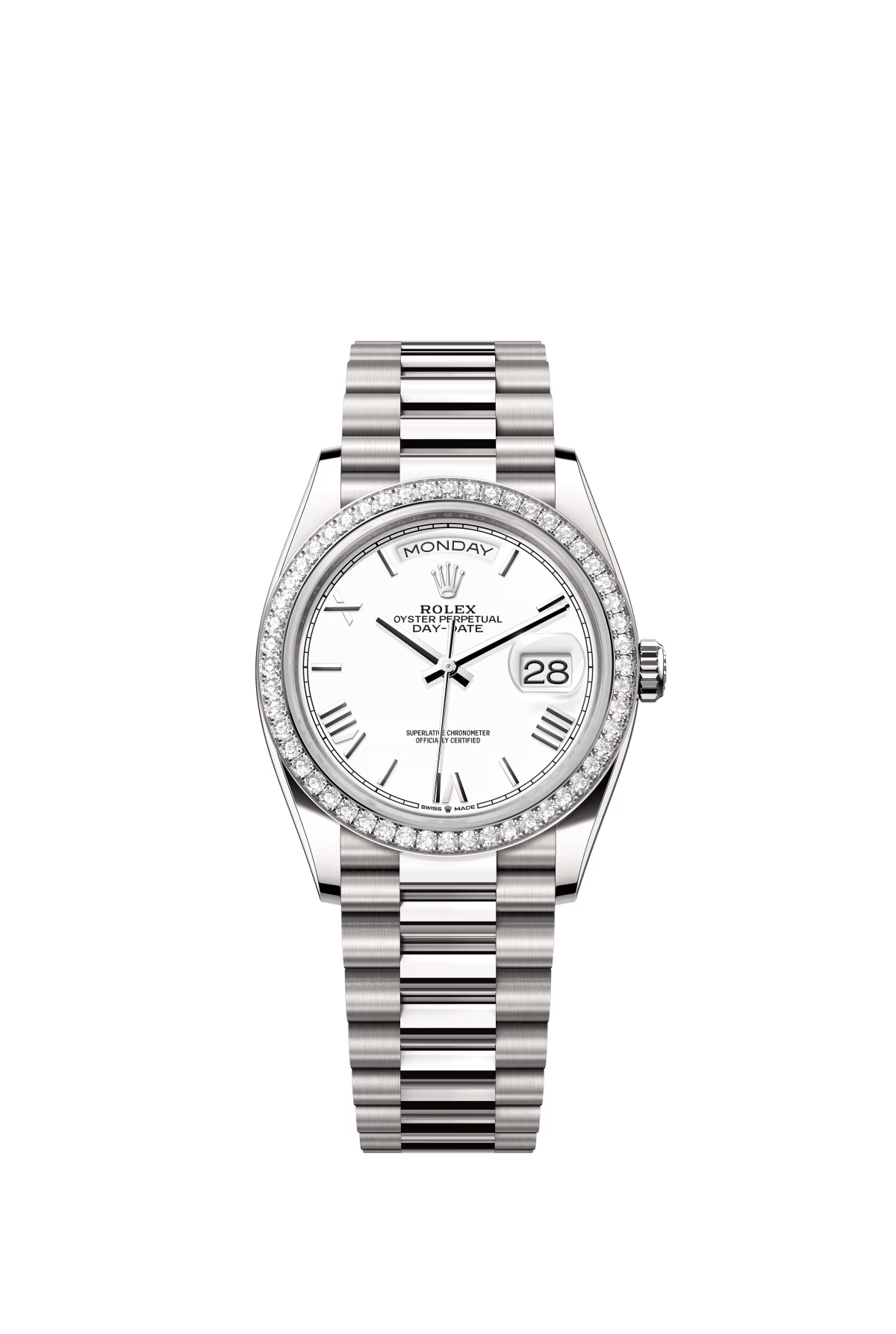 The Oyster Perpetual Day-Date 36 is available in 18 ct white gold with a white dial, diamond-set bezel and President bracelet. -m128349rbr-0043