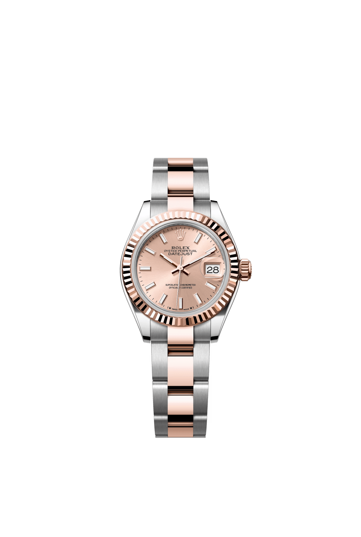 The Oyster Perpetual Lady-Datejust is available in Everose gold and Oystersteel, with a rose gold dial and an Oyster bracelet. -m279171-0024 28mm