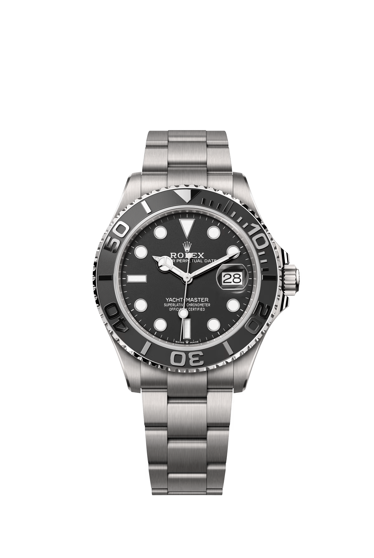 The Oyster Perpetual Yacht-Master 42 RLX Titanium with a mellow black dial and Oyster bracelet. -m226627-0001