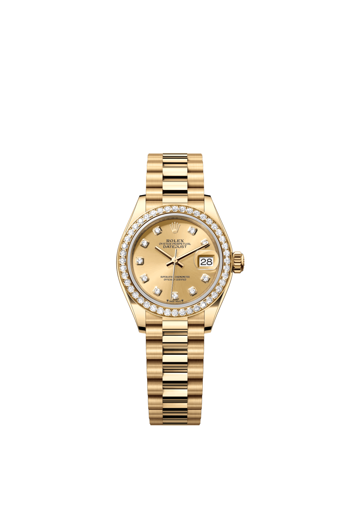 The Oyster Perpetual Lady-Datejust in 18 ct yellow gold with a diamond-set champagne dial and a President bracelet. -m279138rbr-0023 28mm