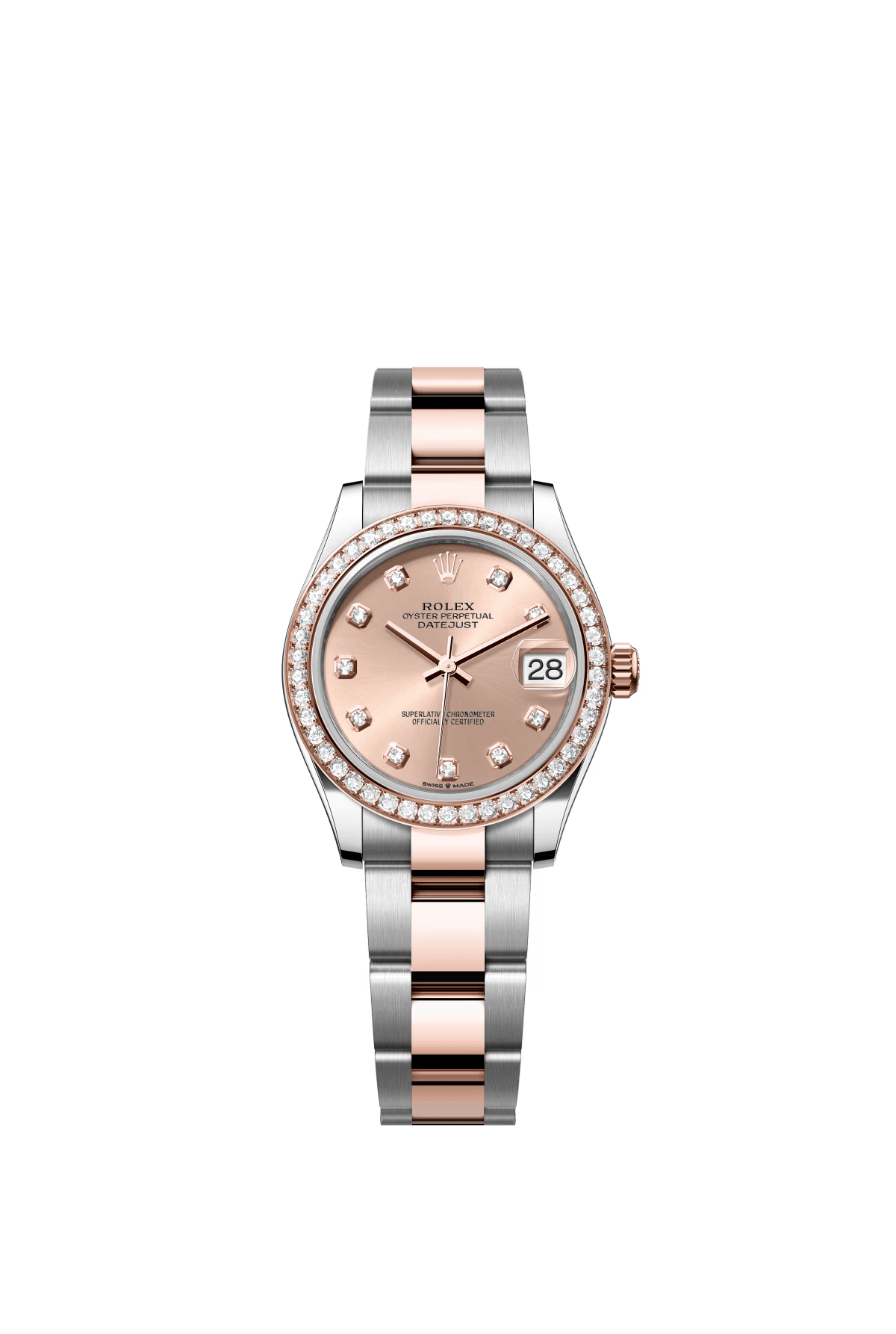 The Oyster Perpetual Datejust 31 is available in Everose gold and Oystersteel, with a rose gold-colour dial set with diamonds and an Oyster bracelet. -m278381rbr-0023