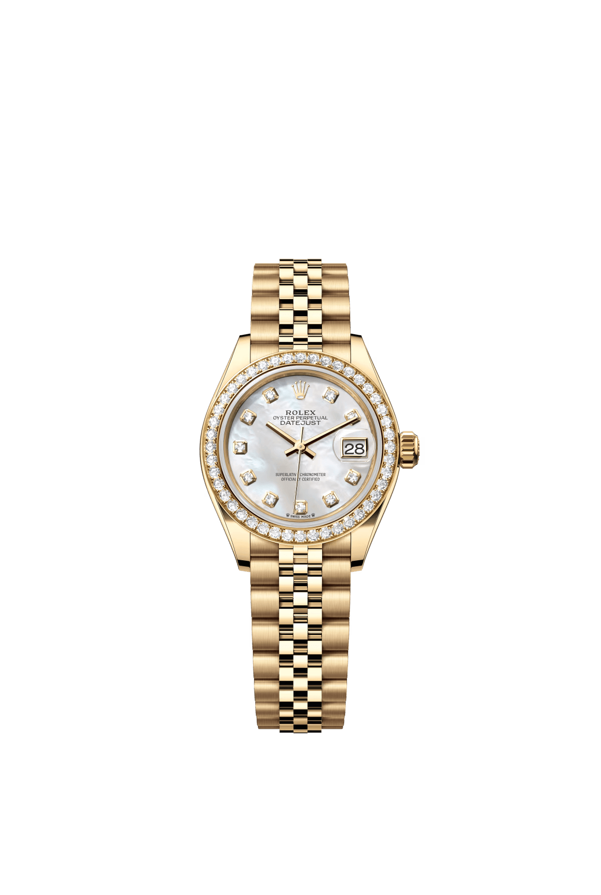 The Oyster Perpetual Lady-Datejust in 18 ct yellow gold with a diamond-set white mother-of-pearl dial and a Jubilee bracelet. -m279138rbr-0016 28mm
