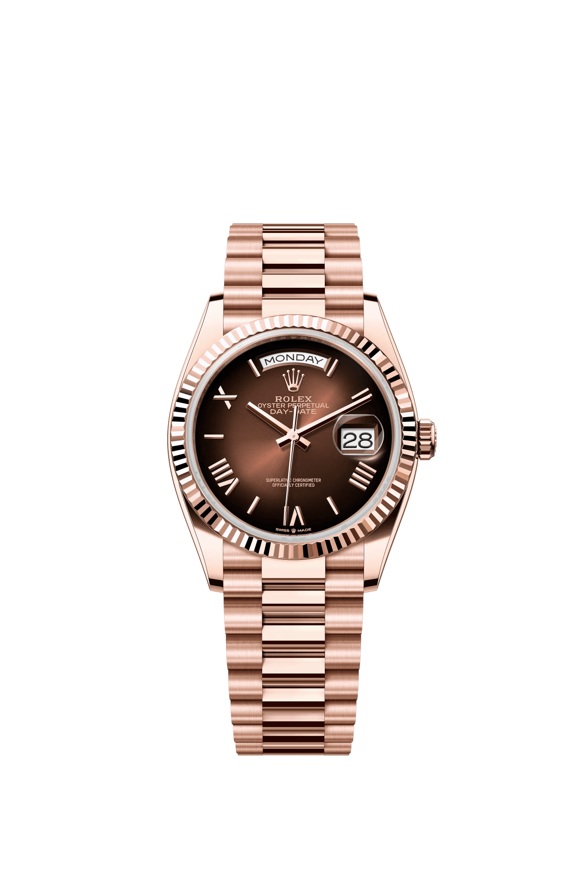 The Oyster Perpetual Day-Date 36 in 18 ct Everose gold with a graduated brown dial, fluted bezel and President bracelet. -m128235-0075
