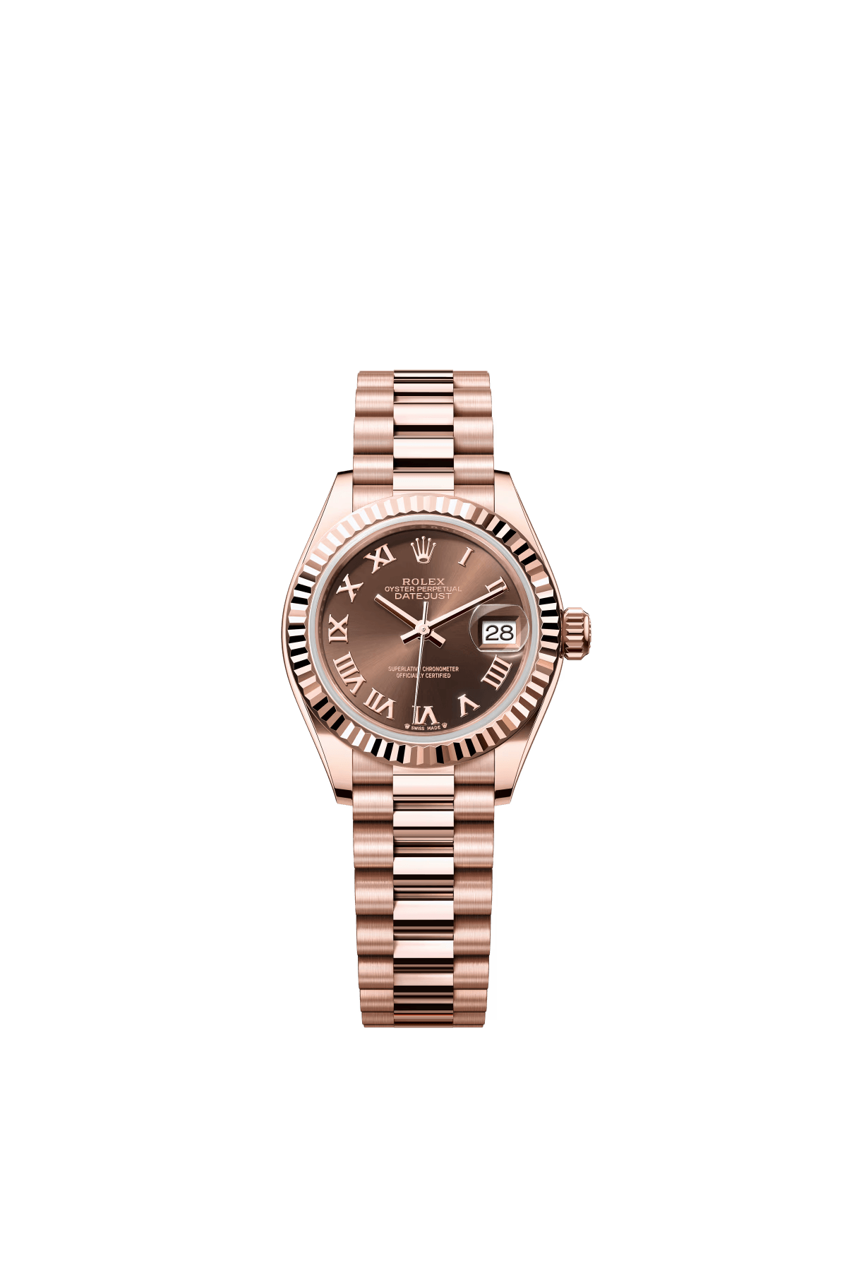 The Oyster Perpetual Lady-Datejust in 18-carat Everose gold with a chocolate-coloured dial and President bracelet. -m279175-0014 28mm